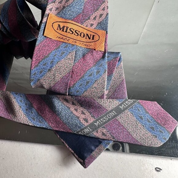 Missoni Striped Mens Tie Silk Neckwear Purple Blue  Striped - Picture 3 of 6